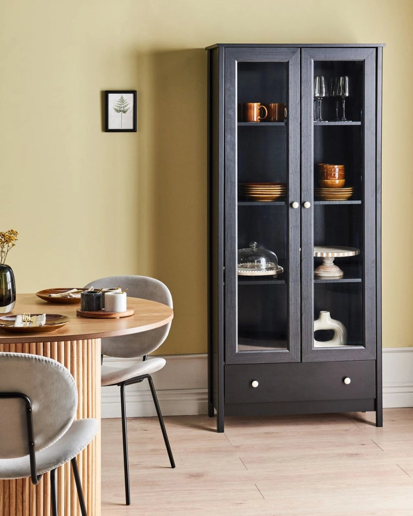 Mobile decorativo in legno massiccio nero con cassetto espositivo in vetro Classico scandinavo a bordo alto Sala da pranzo Soggiorno