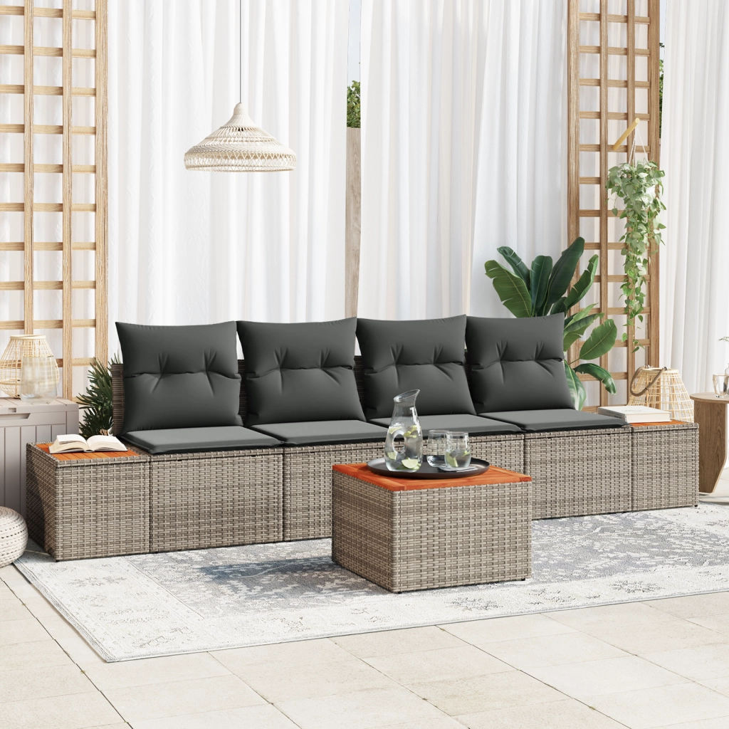 Set Divano Giardino a 5 Pezzi con Cuscini Grigio Rattan Sintetico