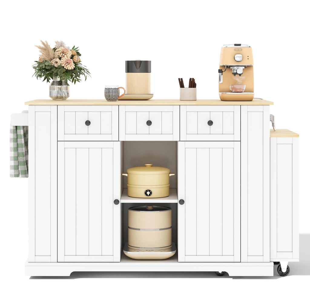Isola da Cucina Mobile 138/213x55x93 cm con Tavolo Estensibile; 7 Ruote; 2 Prese; 2 USB e Cassetti