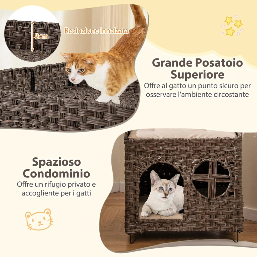 Casetta per Gatti in Rattan 50,5 x 45 x 50 cm, Cuccia a 2 Piani per Gatti con 2 Cuscini, Letto per Animali Domestici per Camera da Letto e Soggiorno