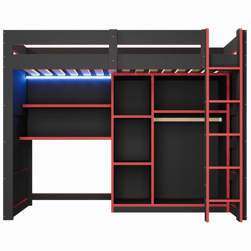 Letto a Soppalco 90x200 cm con Scrivania; Armadio; LED in MDF e Plywood