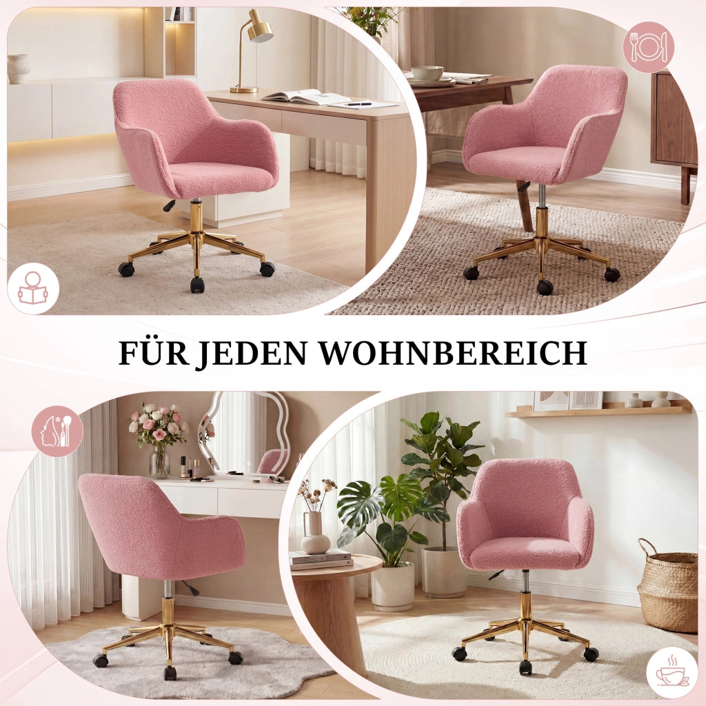 SEDIA Girevole 58x58x86 cm in Teddy Rosa con base dorata