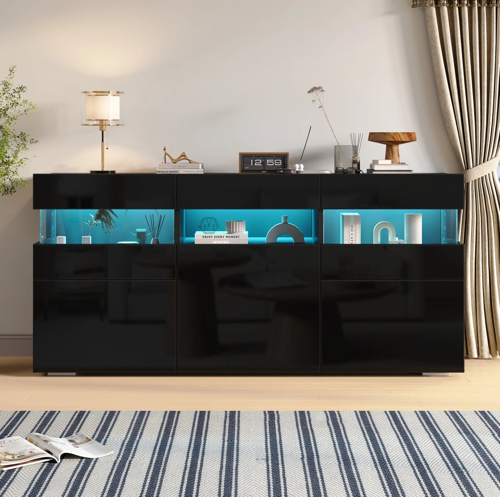 Credenza ULEVR 140x40,5x66,5 cm con 3 ante, 7 vani e LED controllabile tramite app, nero