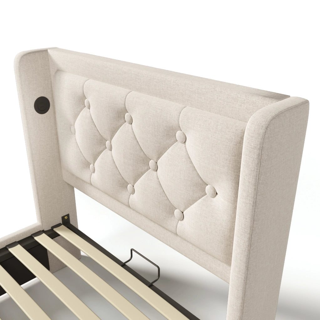 Letto contenitore singolo ULEVR 90x200 cm con LED, USB e Type-C, testiera imbottita beige