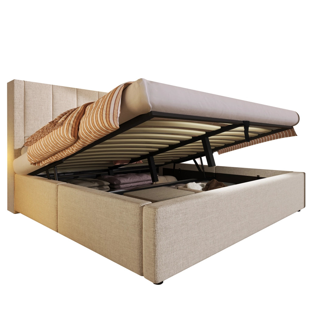 Letto matrimoniale 140x200 cm imbottito in lino beige con materasso; contenitore e ricarica USB