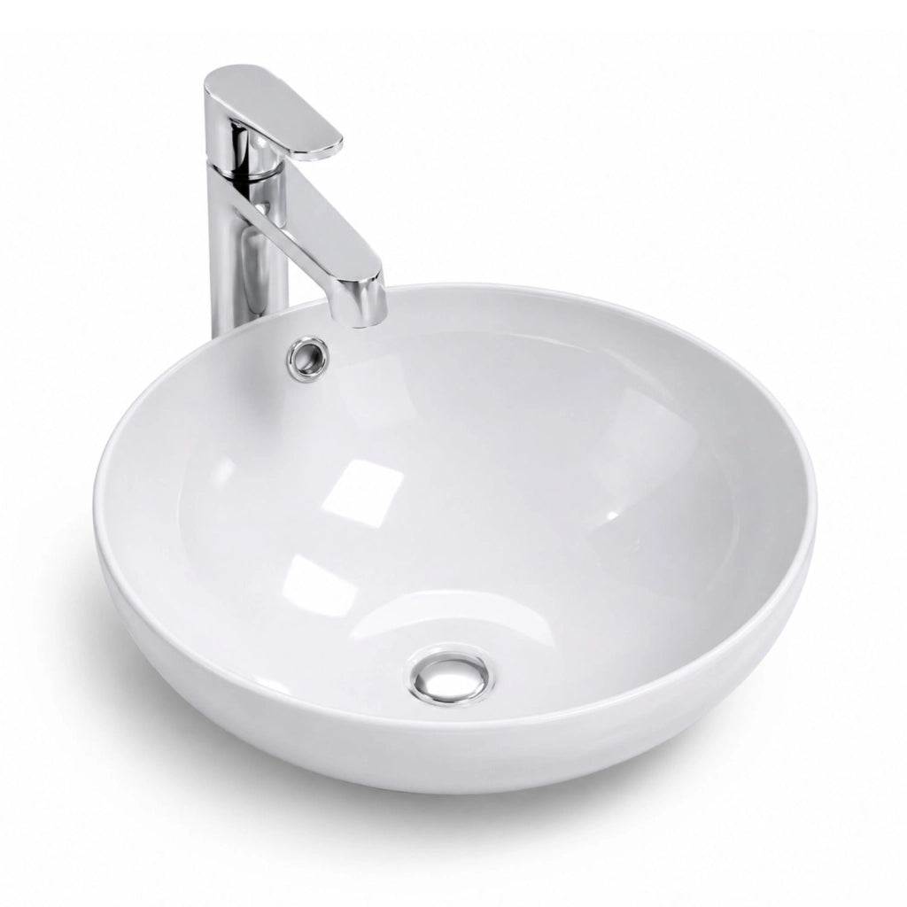 Lavabo da appoggio bianco tondo in ceramica lucida per bagno moderno per piani e mobili