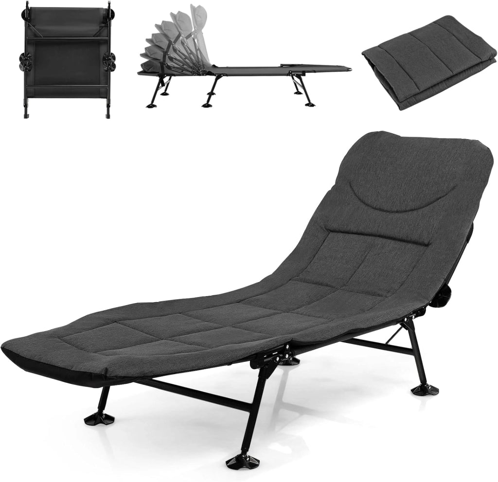 SOARS Sdraio pieghevole alla carpa con schienale regolabile in 6 posizioni, cuscino e materasso, lettino da campeggio a 6 gambe con grandi piedi di fango fino a 200 kg, portata 194 x 66 x 29 cm