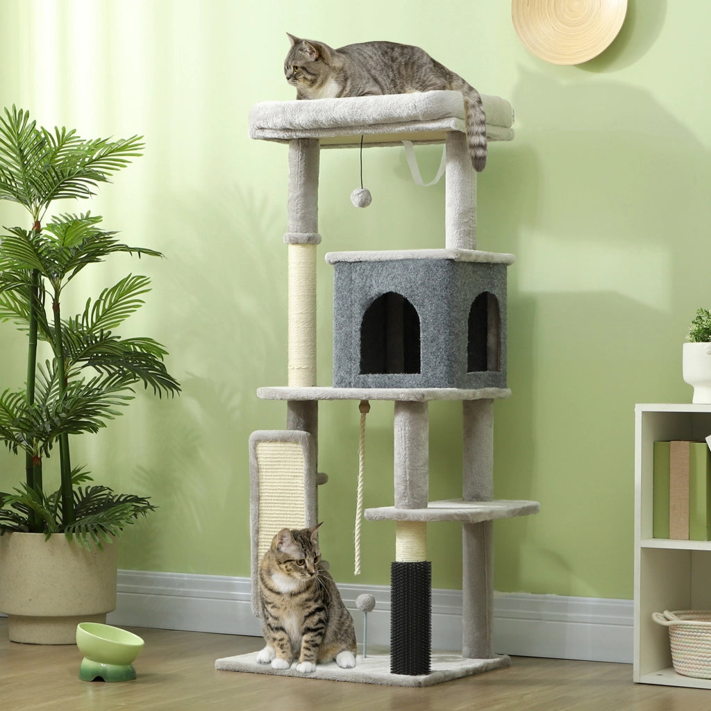 Albero Tiragraffi Multilivello Alto 132 cm con Casetta e Lettino in Peluche e Sisal Grigio
