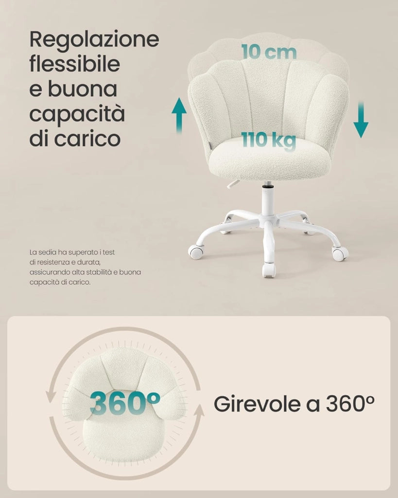 SONGMICS Sedia da Ufficio Girevole a 360°, Sedia da Trucco Imbottita, Tessuto Peluche, Regge 110 kg, Schienale a Petali, Altezza Regolabile, Soggiorno Camera da Letto, Bianco Crema OBG030WD01