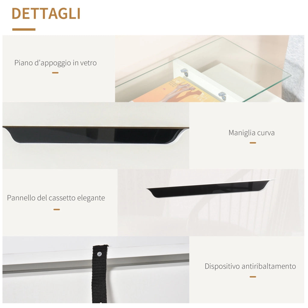 EasyComfort Scarpiera Moderna con 2 Cassetti per 16 Scarpe, Scarpiera a Ribalta con Mensola Regolabile e Ripiano in Vetro, 89x23x96cm, Bianco Lucido