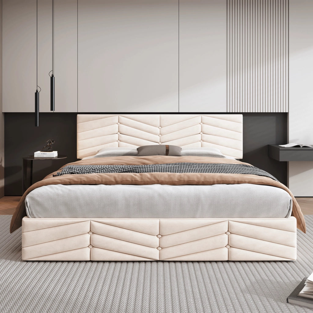 OKWISH Letto Imbottito 140×200 cm, Letto Matrimoniale con Testiera Regolabile e Doghe in Legno, senza Materasso, Velluto, Beige