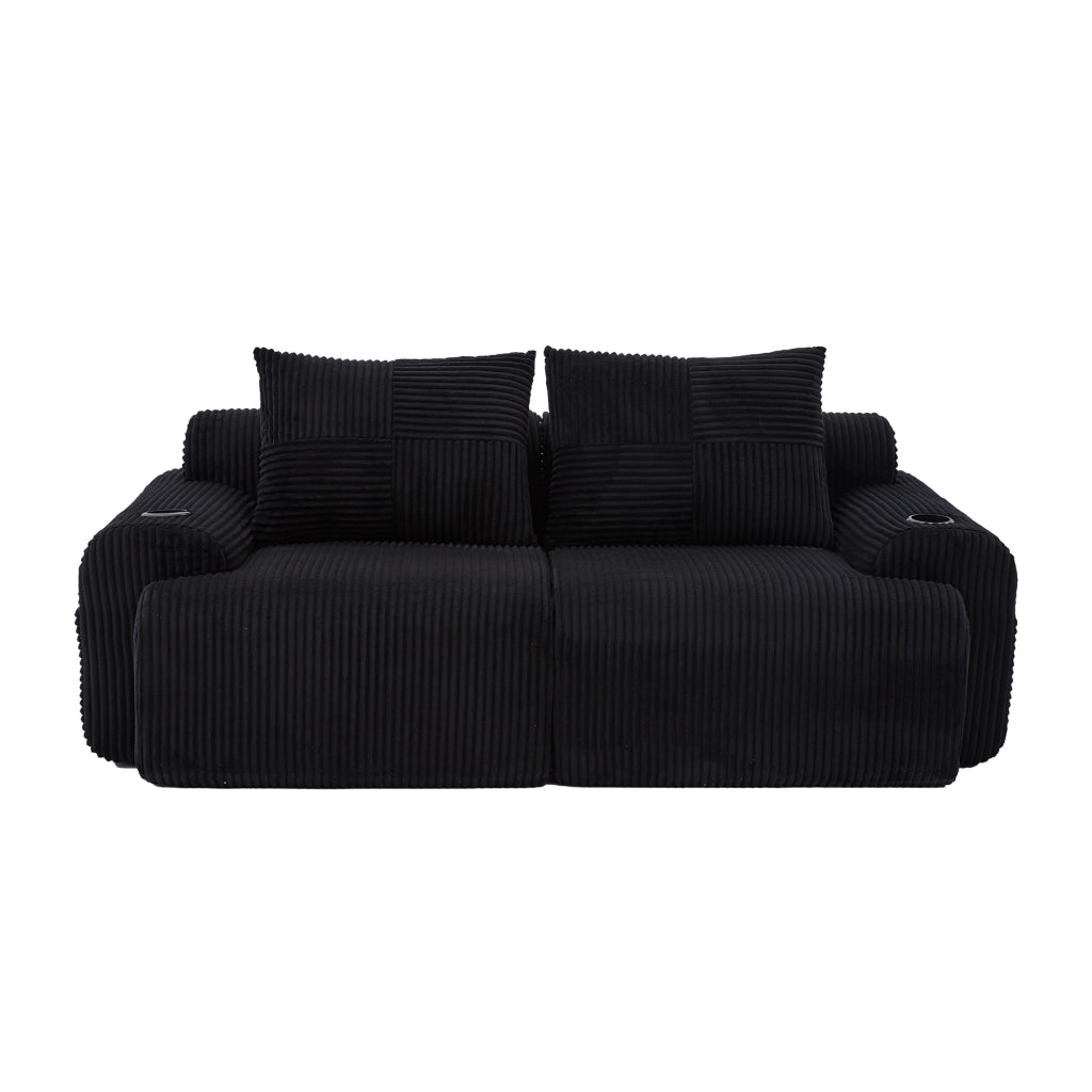 Divano modulare a 2 posti con portabicchieri e tasca laterale con imbottitura ergonomica in tessuto a coste nero