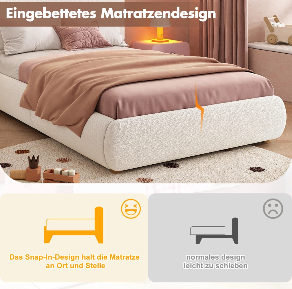 Letto singolo per bambini 90x200 cm con contenitore idraulico; LED; bouclé bianco