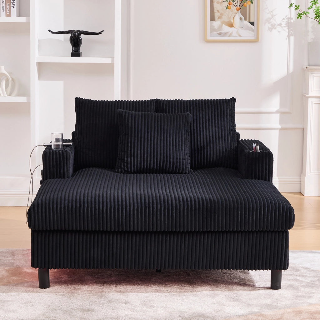 Poltrona relax chaise longue in corduroy nera con LED, USB e portabicchieri 142x128x85 cm