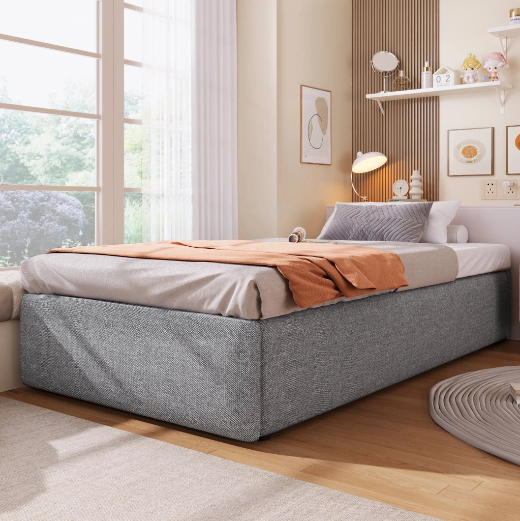 Letto singolo imbottito ULEVR 90x200 cm con contenitore idraulico e cassetto, grigio