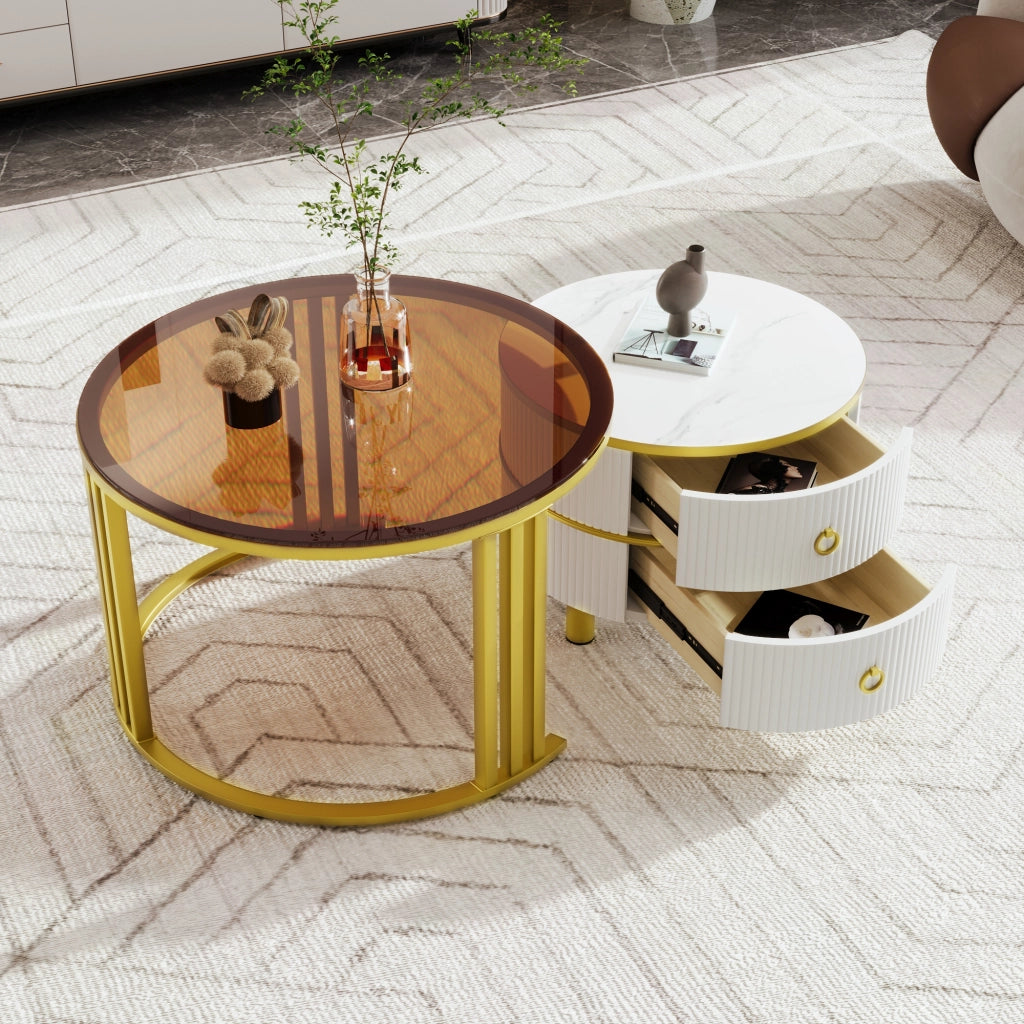 TAVOLINO DA CAFFÈ ROTONDO 70x70x45 + 50x50x40 cm Bianco Vetro MDF Set 2 pezzi
