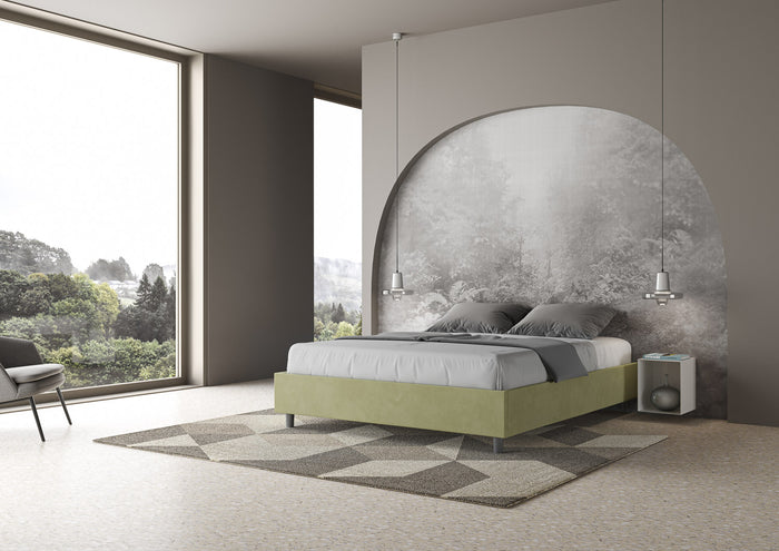 Letto Matrimoniale 160x210 cm con Rete e Contenitore Giroletto con Alzata Comoda Imbottito in Microfibra Azelia Tè Verde