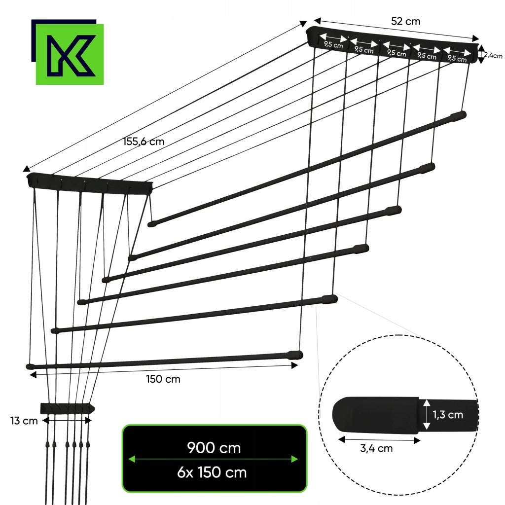 Stendibiancheria a soffitto KADAX con 6 barre per bagno e balcone, 150 cm