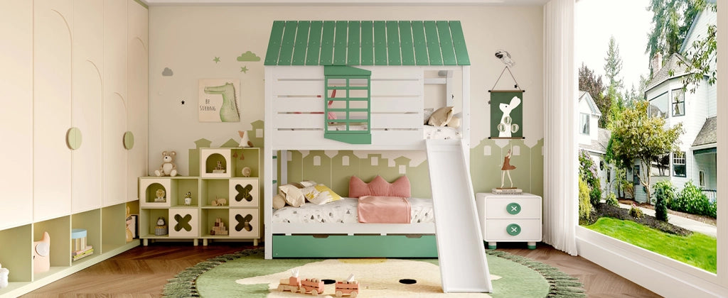 DESMIU Letto a castello casetta 90 × 200 cm 2 posti con scivolo e letto estraibile senza materasso in MDF bianco verde