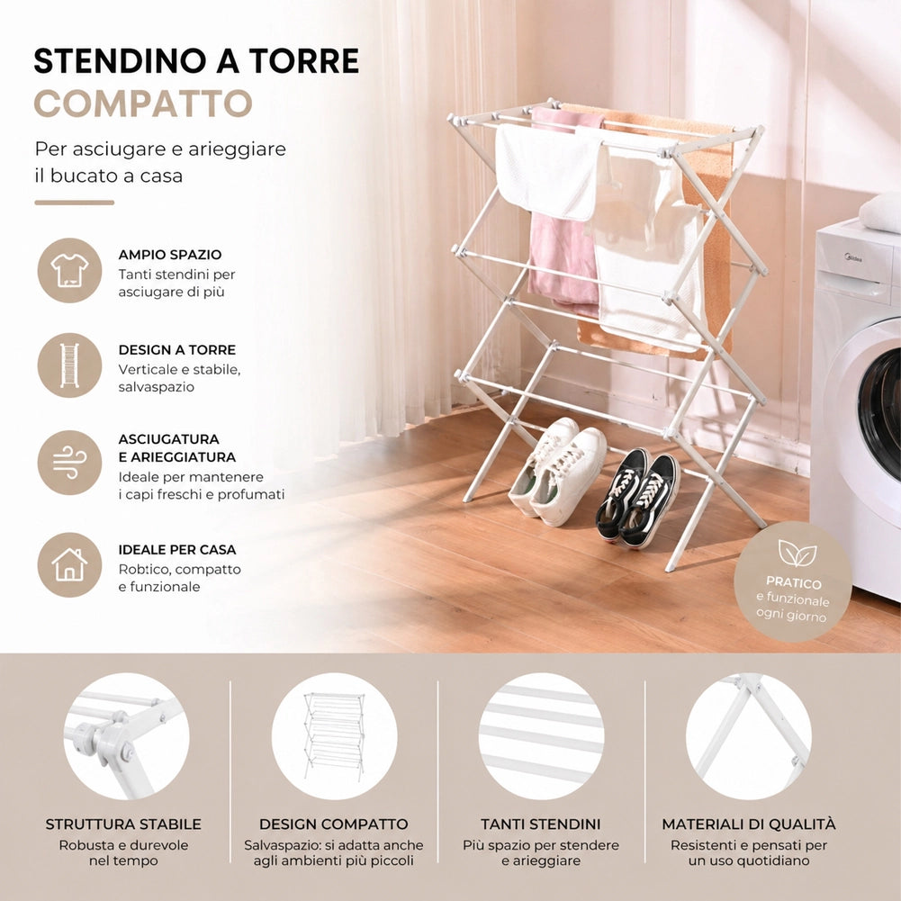 Stendibiancheria Pieghevole Salvaspazio Bianco da Esterno e Interno 72x38x104cm