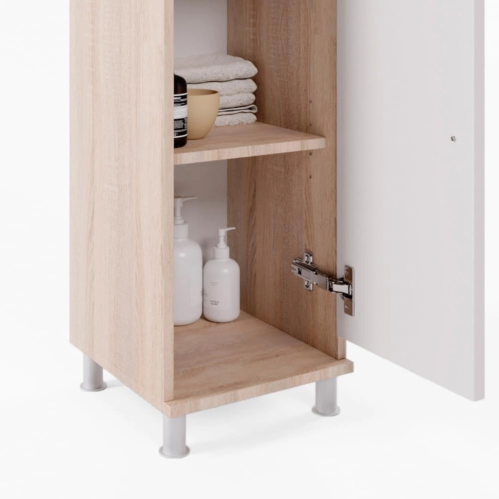 Mobile Midi Fynn, Sonoma/Bianco, 30 x 95 cm, per la conservazione di accessori da bagno e compatibile con Fynn