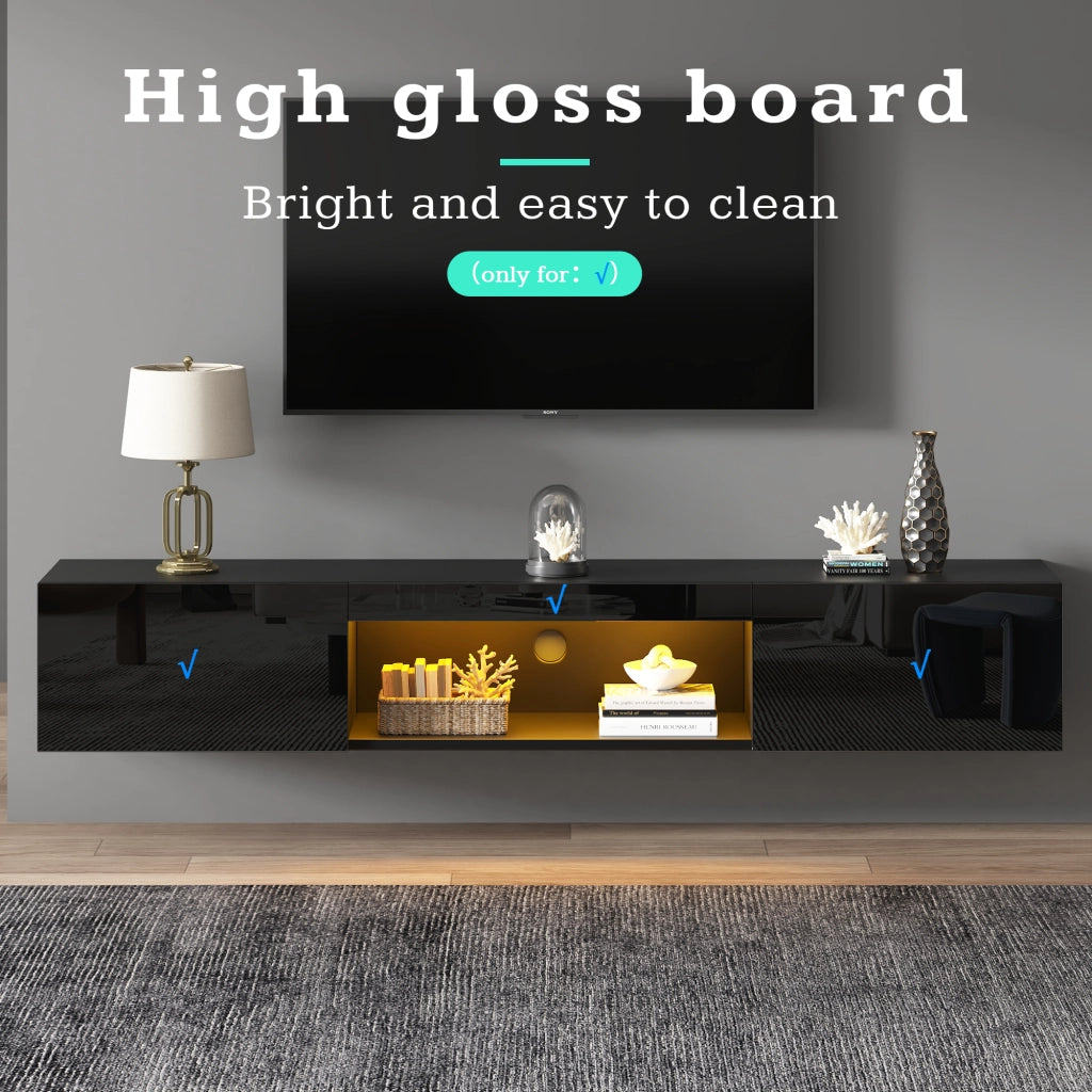 Mobile porta TV sospeso con LED, vani aperti e due ante, finitura lucida nera, 160 × 31 × 22 cm