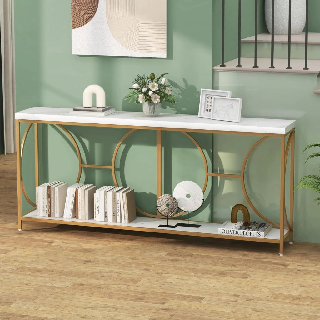 Consolle effetto marmo artificiale, console per mobili, 180 x 30 x 80 cm, 2 livelli, cornice geometrica, piedini regolabili, armadietto corridoio, soggiorno, bianco e oro