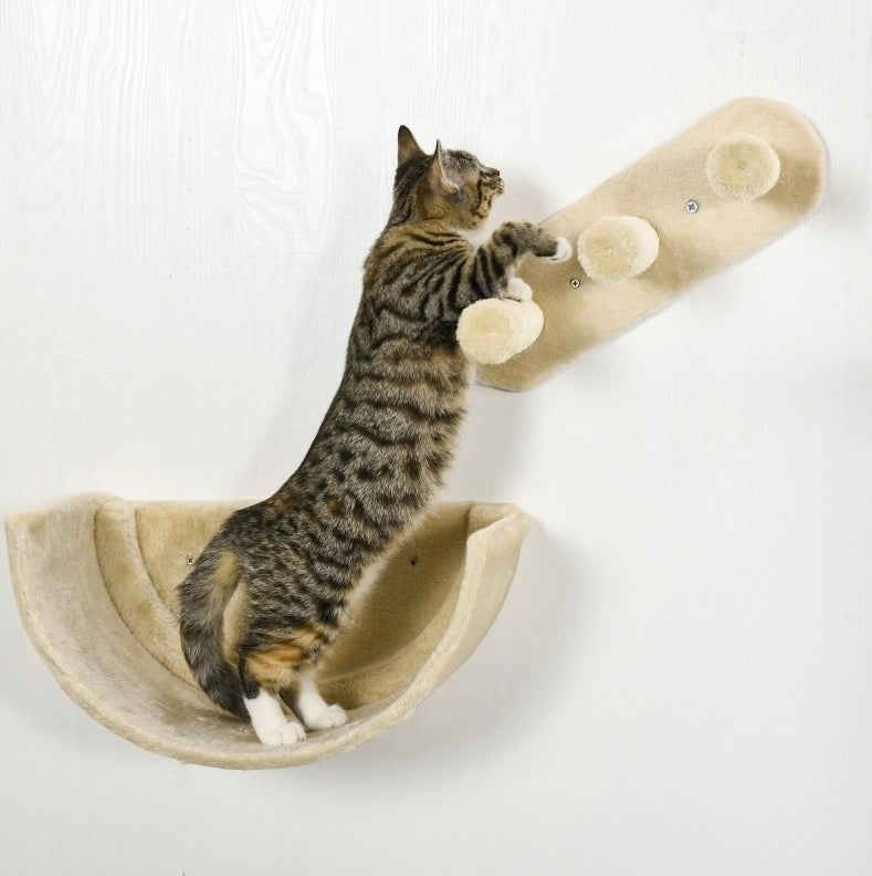 Parete tiragraffi per gatti beige a 4 elementi con piattaforme e amaca