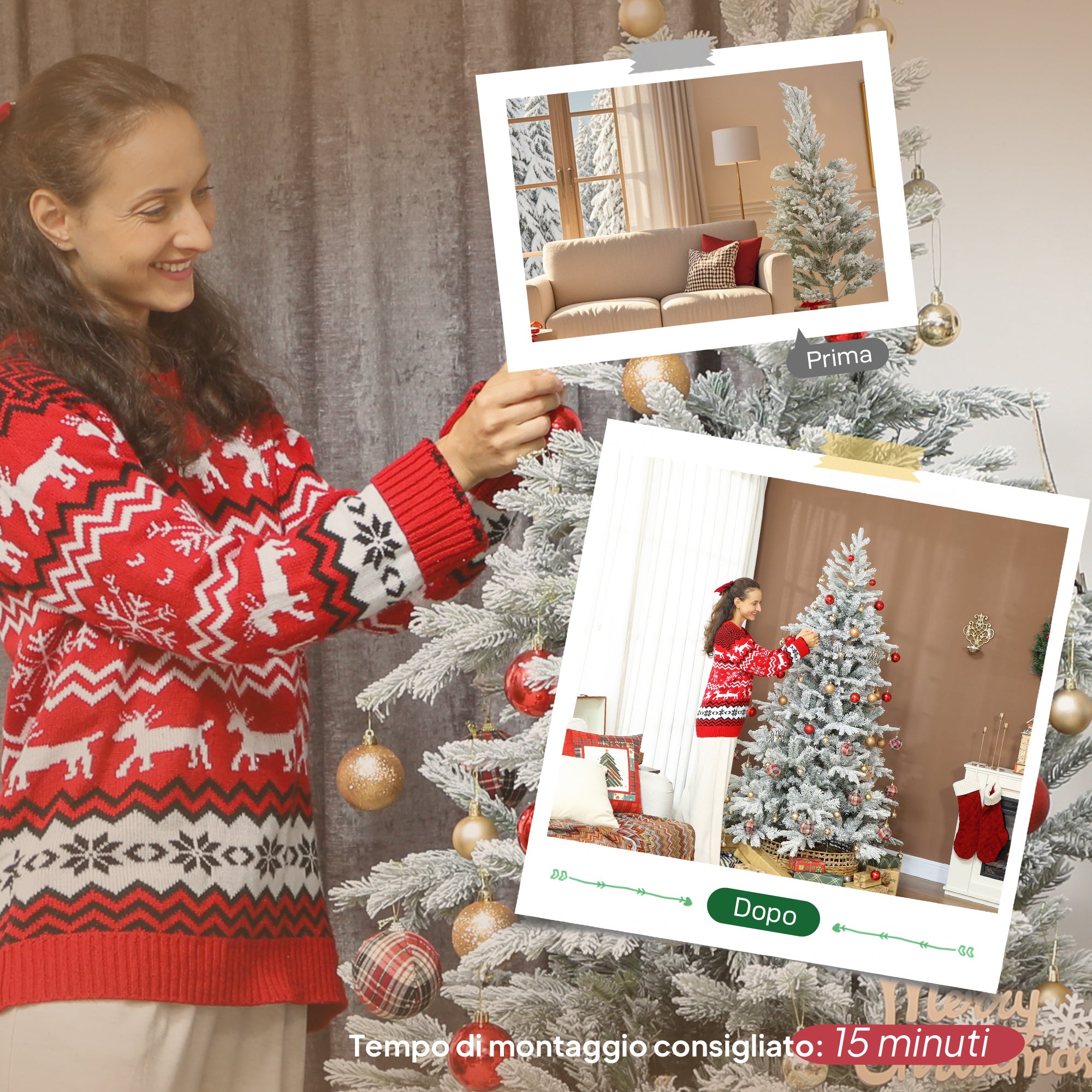 Albero di Natale Innevato Alto 210 cm con 1154 Rami Realistici e Base in Metallo Pieghevole Bianco