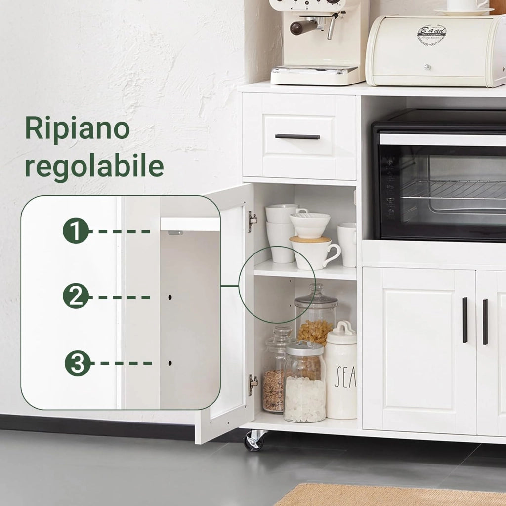 Carrello da Cucina, Isola Cucina con Ruote, Mobili da Cucina, Supporto per Microonde, Carrello Mobile per Sala da Pranzo e Ufficio 88,5 x 40 x 89 cm Bianco FSB78-W