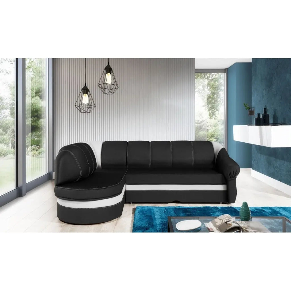 Divano angolare sinistro convertibile BENANA 250 cm nero e bianco con contenitore