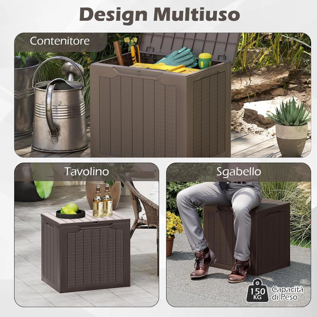 Baule da Esterno 106 L, Cassapanca Contenitore Impermeabile con Coperchio Bloccabile e Maniglie Laterali, per Giardino, Terrazzo e Cortile, 56 x 41 x 50,5 cm (Marrone)