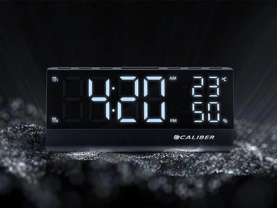 Radio sveglia a due allarmi con radio FM - Schermo LED regolabile - Luce sveglia - Temperatura e umidità - Nero - 194 x 81 x 48 mm