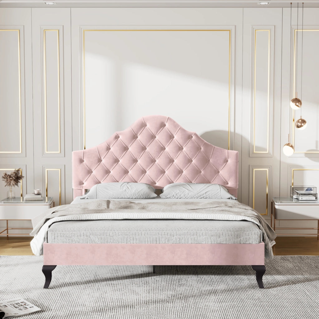 Letto imbottito in velluto rosa 140 x 200 cm con rete a doghe