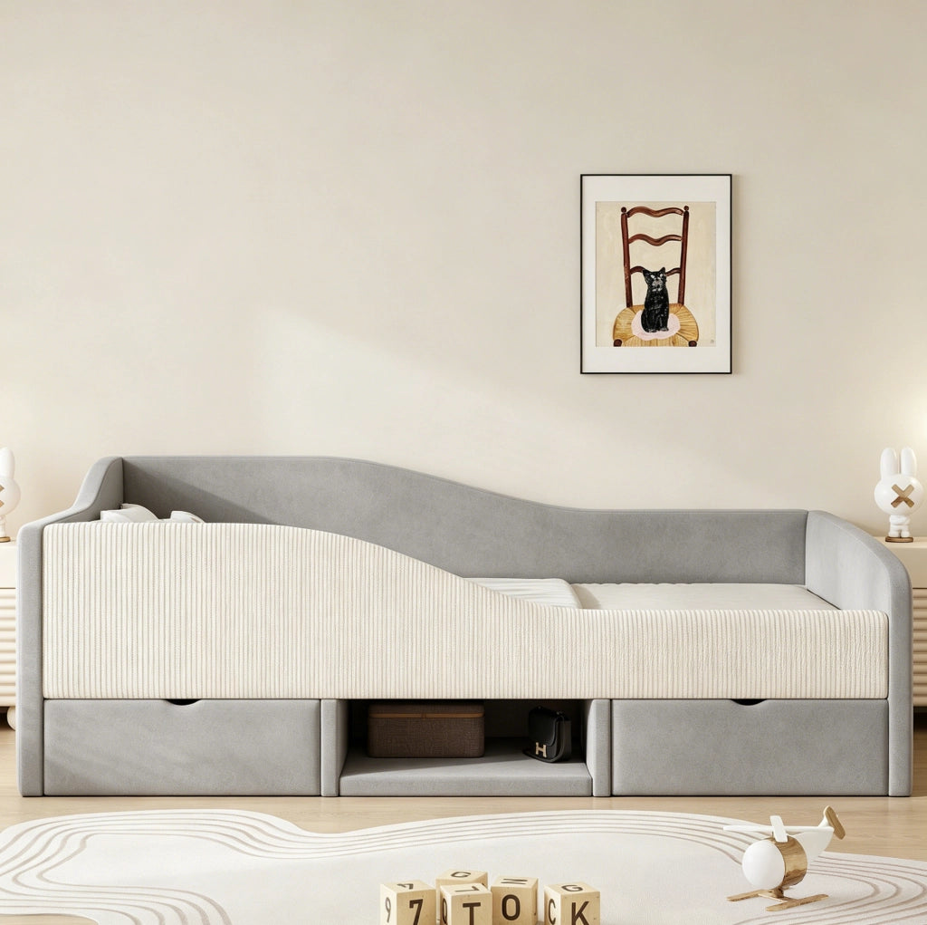 Letto imbottito per bambini 90x190 cm con protezioni laterali; 2 cassetti e vano portaoggetti; grigio