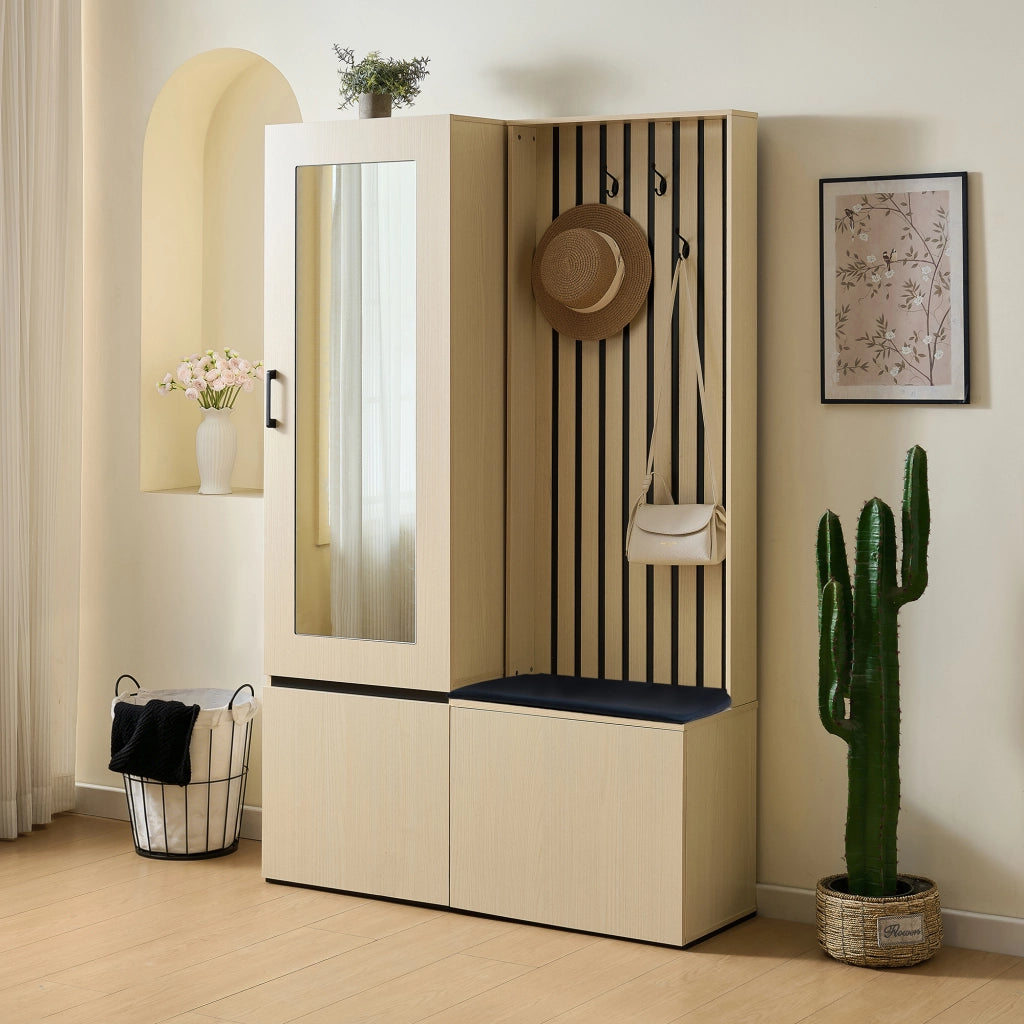 Mobile ingresso con specchio; panca; 4 ganci e ripiani - per ingresso - in MDF - legno