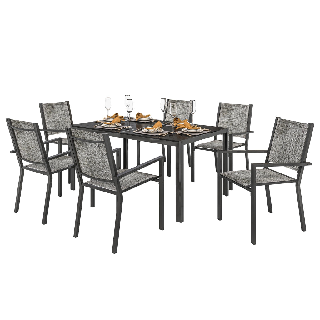 Set da Giardino 7 Pezzi con Tavolo Rettangolare e Sedie Impilabili ¨C zephmum ¨C Grigio e Nero in Acciaio