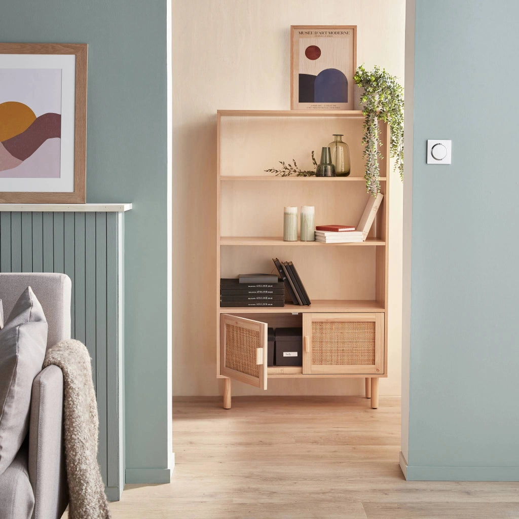 Libreria con canna ed effetto legno, 3 livelli, 2 ante, marrone