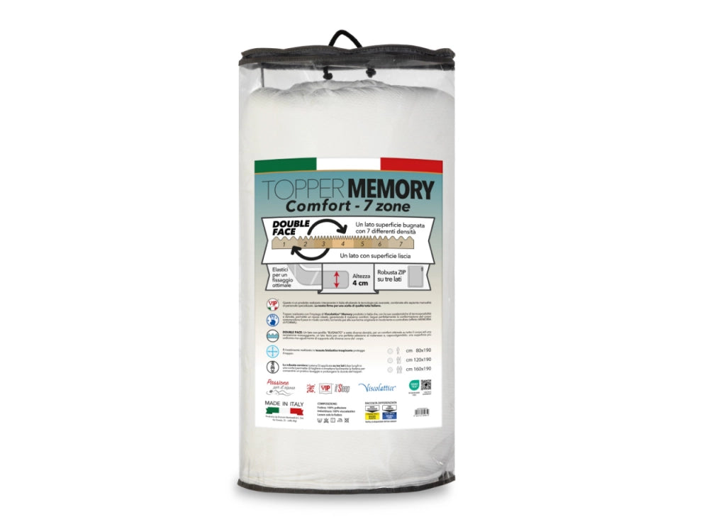 Topper Memory Materasso Sfoderabile Con Elastici Agli Angoli 7 Zone Altezza 4cm - Piazza E Mezza - Altezza 4cm