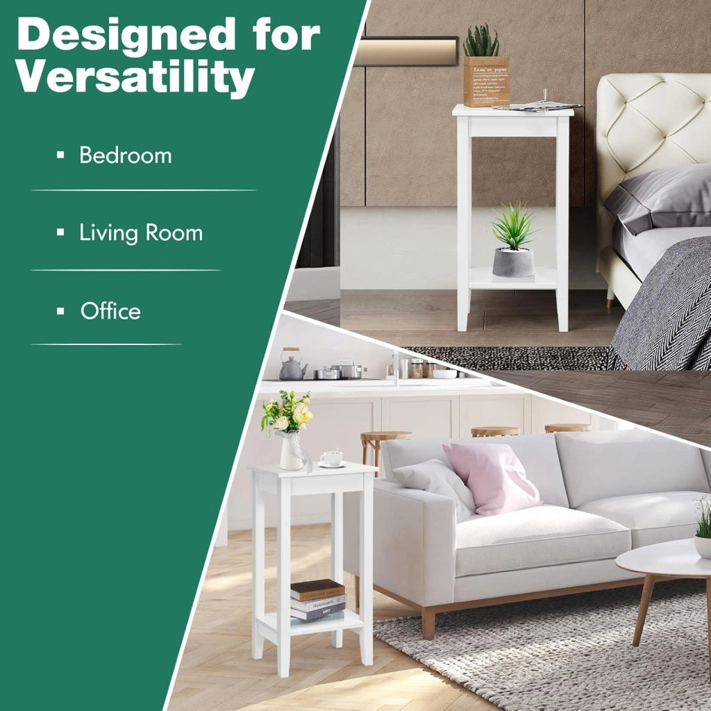Set di 2 tavolini da divano con scaffale, comodino a 2 livelli, tavolino da salotto, comodino, in legno, rettangolare, semplice, per telefono, per piante, in legno (bianco, set da 2)