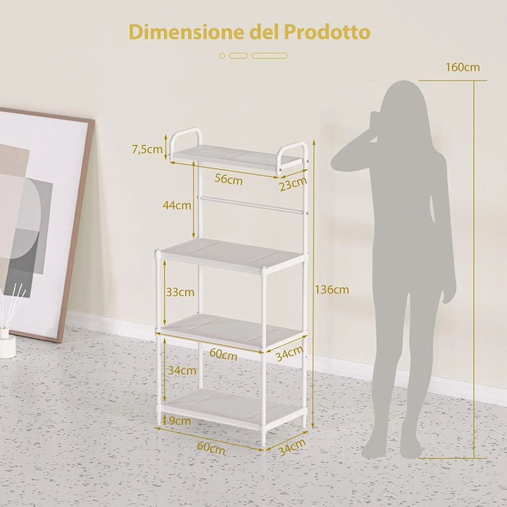 Microonde Scaffale da Cucina per Microonde in Metallo a 4 Ripiani, Carrello per Microonde Scaffalatura Organizzatore Portaoggetti, 60 x 34 x 136 cm (Bianco)