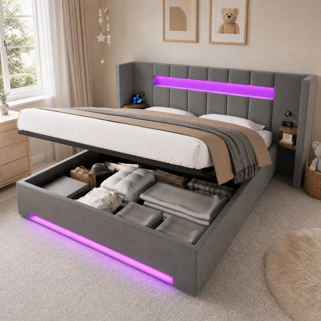 Letto matrimoniale 160x200 cm in velluto grigio scuro con USB; LED e contenitore