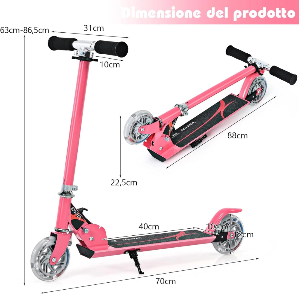 Monopattino Bambini, Monopattini a Spinta Pieghevole e Regolabile in 3 Altezze, con 2 Ruote Lampeggianti, Freno e Cavalletto, Portata 70 kg