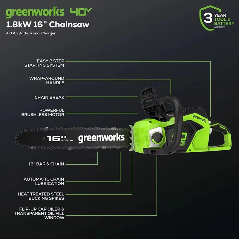 Motosega professionale senza fili antiscivolo 40V 20 m/s dotata di 2 batterie 4 Ahverde