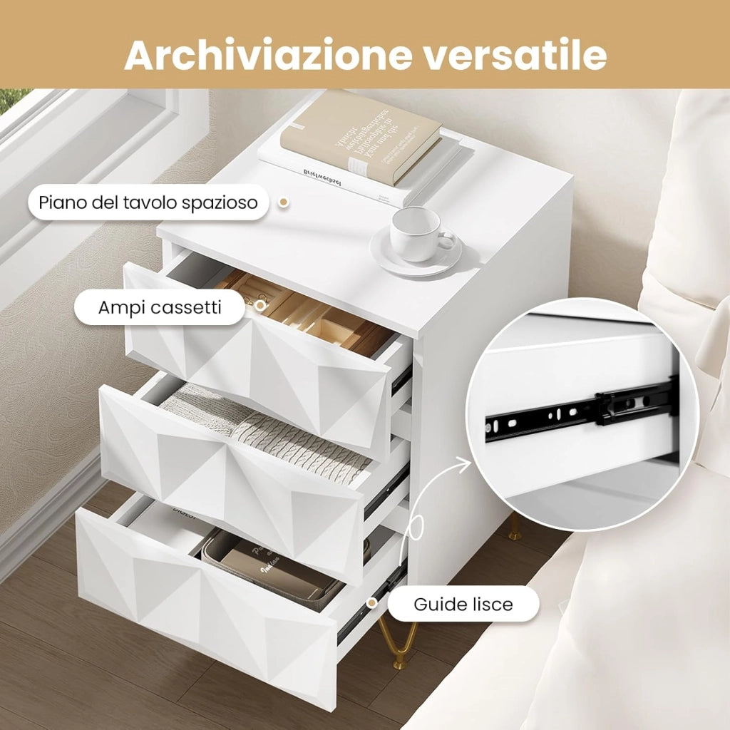Set di 2 Comodino con 3 Cassetti, Frontale in Rilievo, Tavolino Cassettiera Moderno, 40x40x62,5 cm, Mobile da Letto per Camera da Letto, in Legno e Metallo, Bianco e Dorato, 0004CTG-2