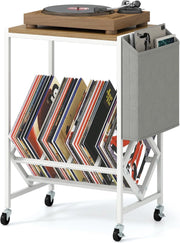 Supporto per Giradischi, Porta Dischi Vinili in Legno e Metallo, Mobile con Tasca Organizer e Ruote, Fino a 200 Album, per Soggiorno, Studio e Camera da Letto (Naturale + Bianco)