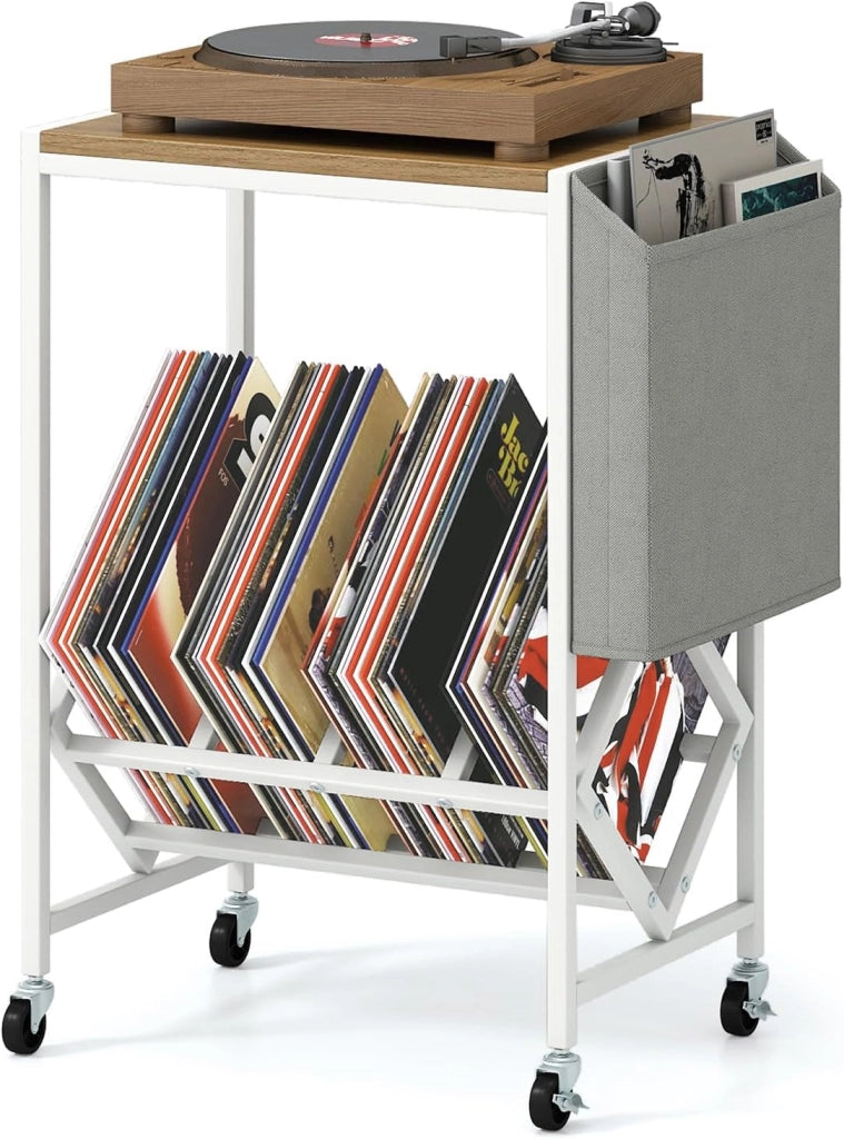 Supporto per Giradischi, Porta Dischi Vinili in Legno e Metallo, Mobile con Tasca Organizer e Ruote, Fino a 200 Album, per Soggiorno, Studio e Camera da Letto (Naturale + Bianco)