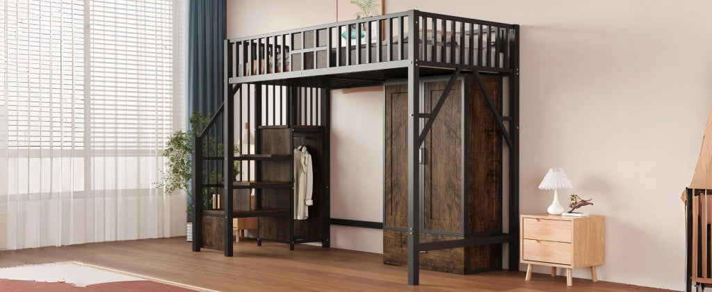 Letto a castello nero in metallo e legno con funzione contenitiva 90x200 cm