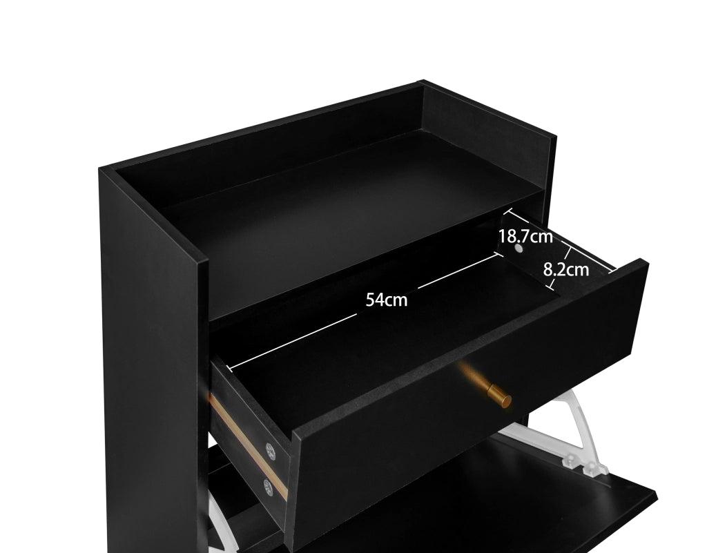 Scarpiera con 2 ante e 1 cassetto con doppio ripiano per ingresso in pannello truciolare nera 60 × 53,8 × 106,7 cm