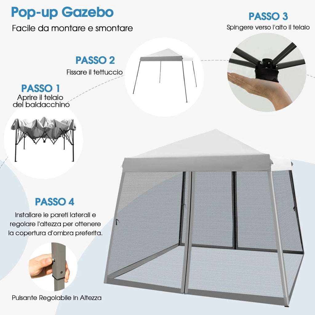 Gazebo Pop-up da Giardino 3 x 3 m, Tenda per Feste con Altezza Regolabile (237/255/246 cm), Gazebo Pieghevole da Esterno con Rete Impermeabile, per Campeggio, Giardino, Mercato (Grigio)